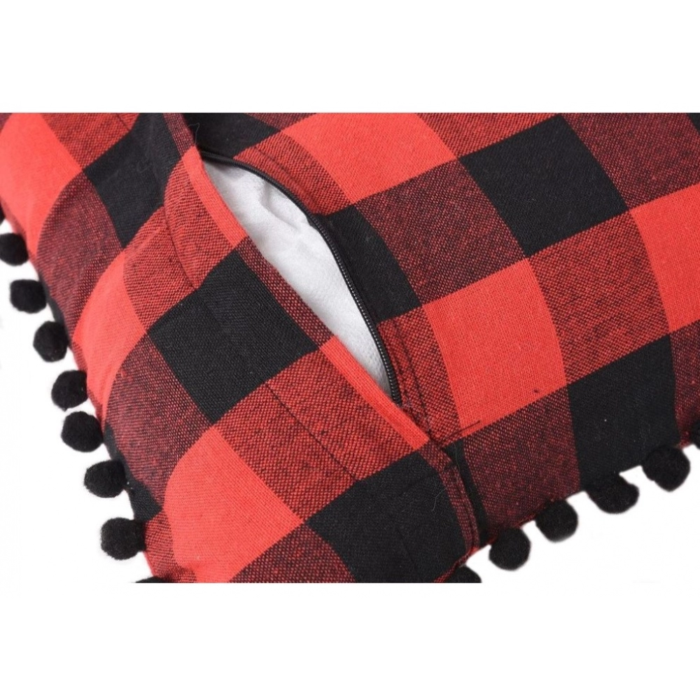 Pack Of_2 Cotton Checkered Cushion Cover With Pom Pom (Red & Black, Size: 12x20 In) - Image 2