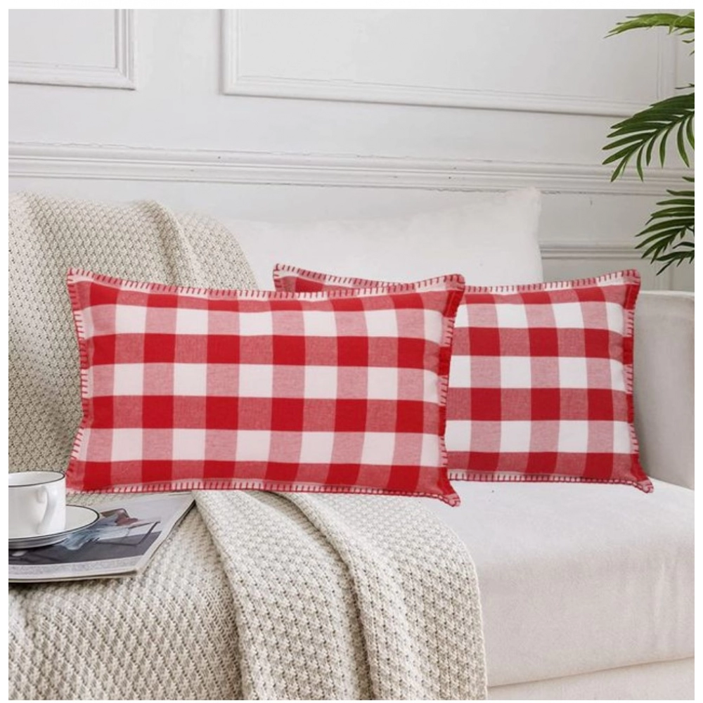 Pack Of_2 Cotton Checkered Cushion Cover With Blanket Stitch (Red & White, Size: 12x20 In)
