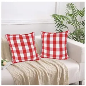 Pack Of_2 Cotton Checkered Cushion Cover With Blanket Stitch (Red, Size: 18x18 In)