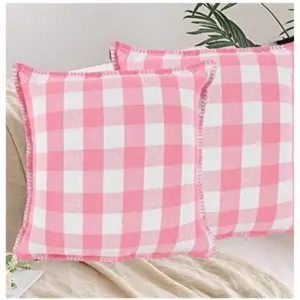 Pack Of_2 Cotton Checkered Cushion Cover With Blanket Stitch (Baby Pink, Size: 16x16 In)