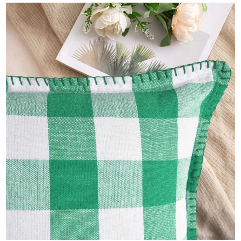 Pack Of_2 Cotton Checkered Cushion Cover With Blanket Stitch (Green, Size: 18x18 In) - Image 3