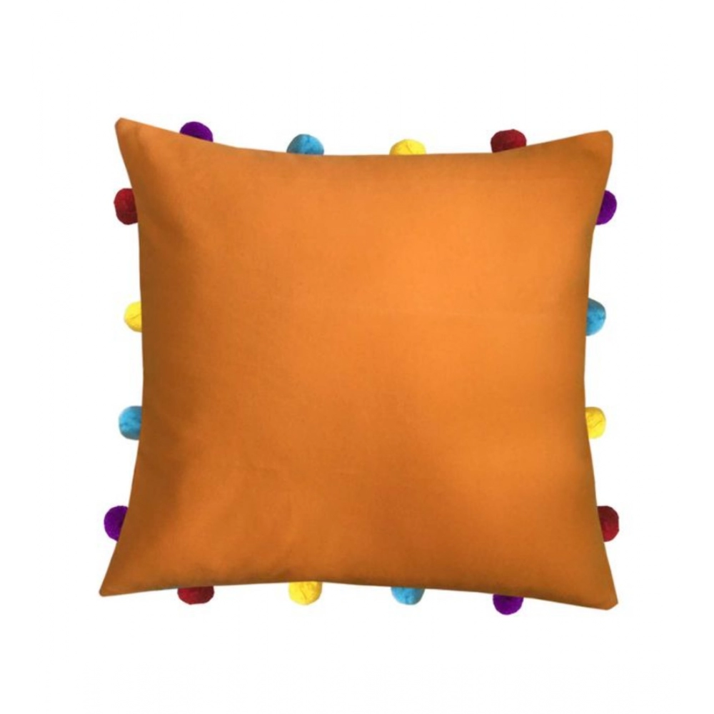 Cotton Solid Pom Pom Cushion Covers (Orange, Size: 14x14 In)