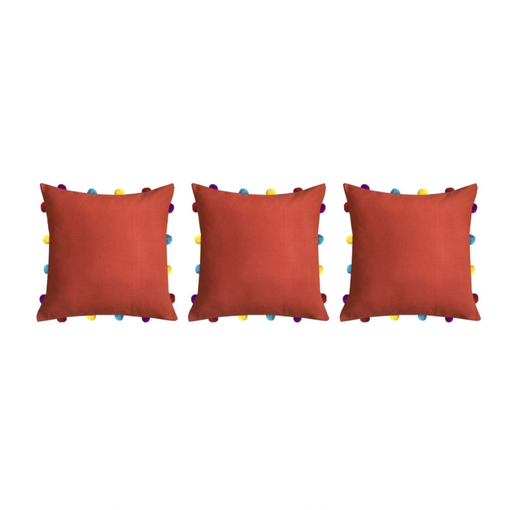 Cotton Solid Pom Pom Cushion Covers (Orange, Size: 14x14 In) - Image 3
