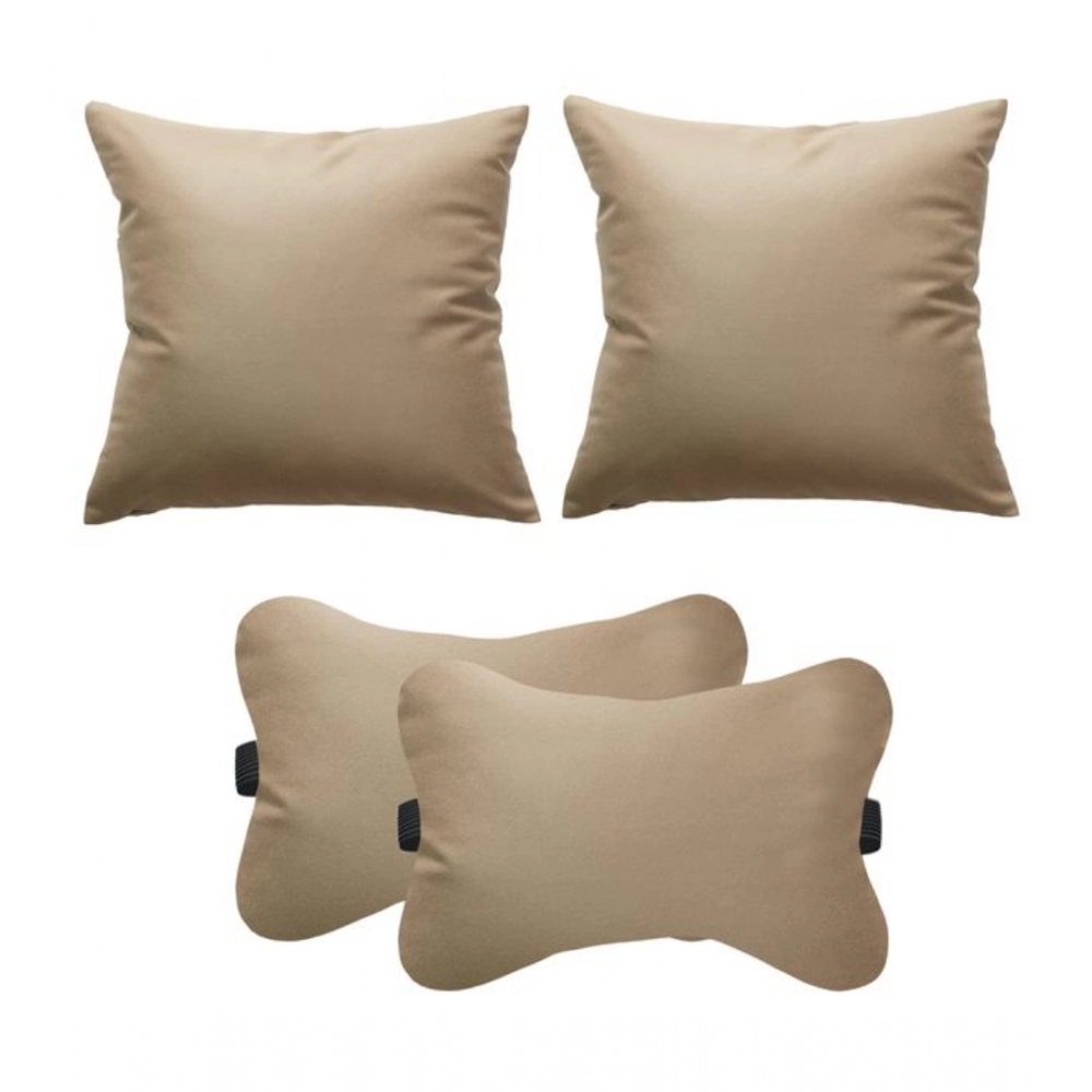 Pack Of_4 Faux Leather Solid Car Pillow Sets (Cream, Size: 12x12 In)