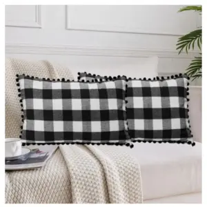 Pack Of_2 Cotton Checkered Cushion Cover With Pom Pom (Black, Size: 12x20 In)