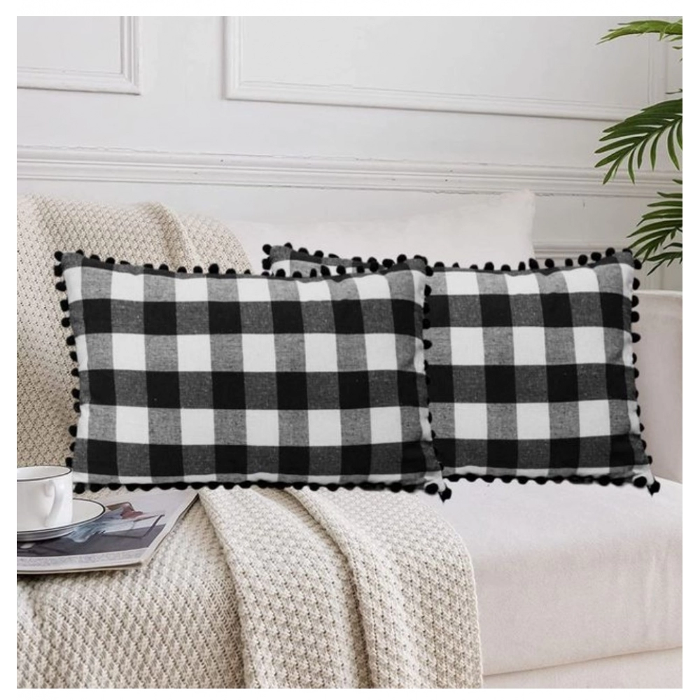 Pack Of_2 Cotton Checkered Cushion Cover With Pom Pom (Black, Size: 12x20 In)
