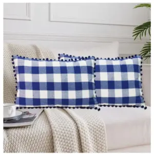 Pack Of_2 Cotton Checkered Cushion Cover With Pom Pom (Blue, Size: 12x20 In)