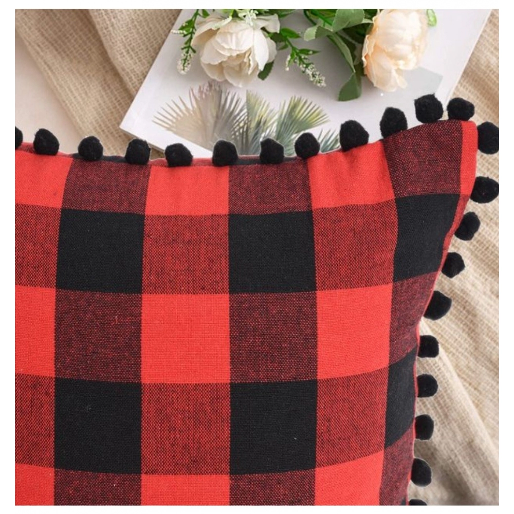 Pack Of_2 Cotton Checkered Cushion Cover With Pom Pom (Red & Black, Size: 12x20 In) - Image 3