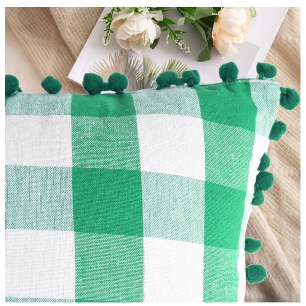 Pack Of_2 Cotton Checkered Cushion Cover With Pom Pom (Green, Size: 12x20 In) - Image 4