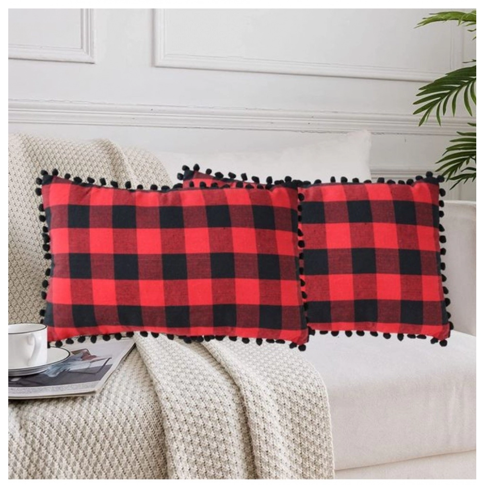 Pack Of_2 Cotton Checkered Cushion Cover With Pom Pom (Red & Black, Size: 12x20 In)