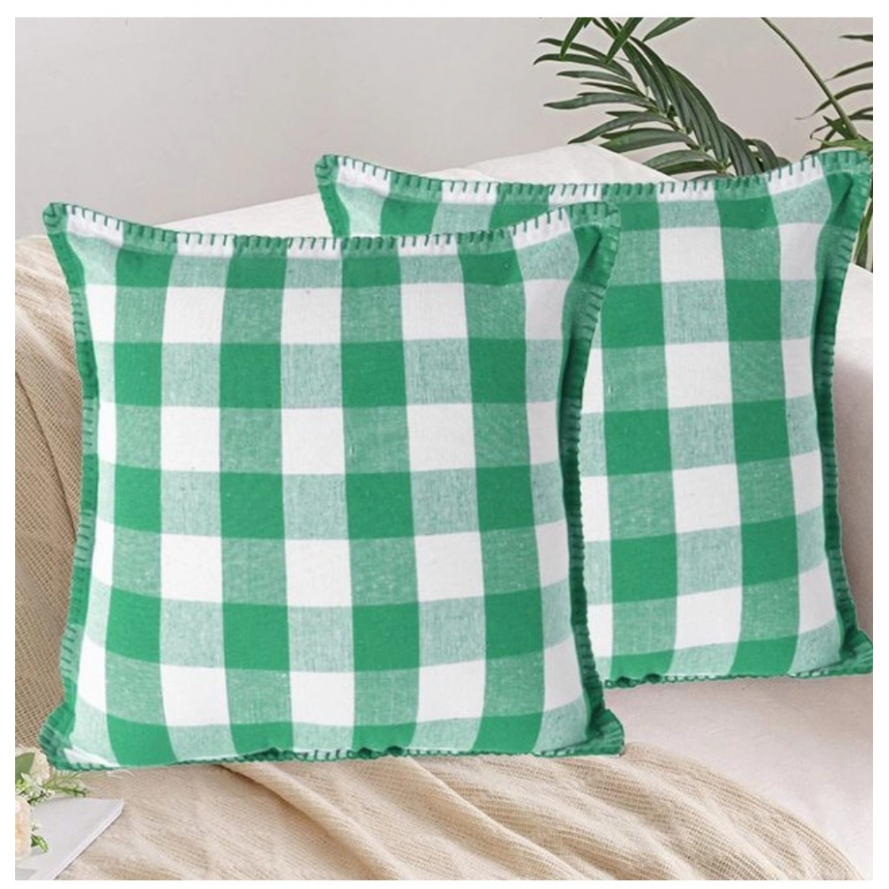 Pack Of_2 Cotton Checkered Cushion Cover With Blanket Stitch (Green, Size: 18x18 In)