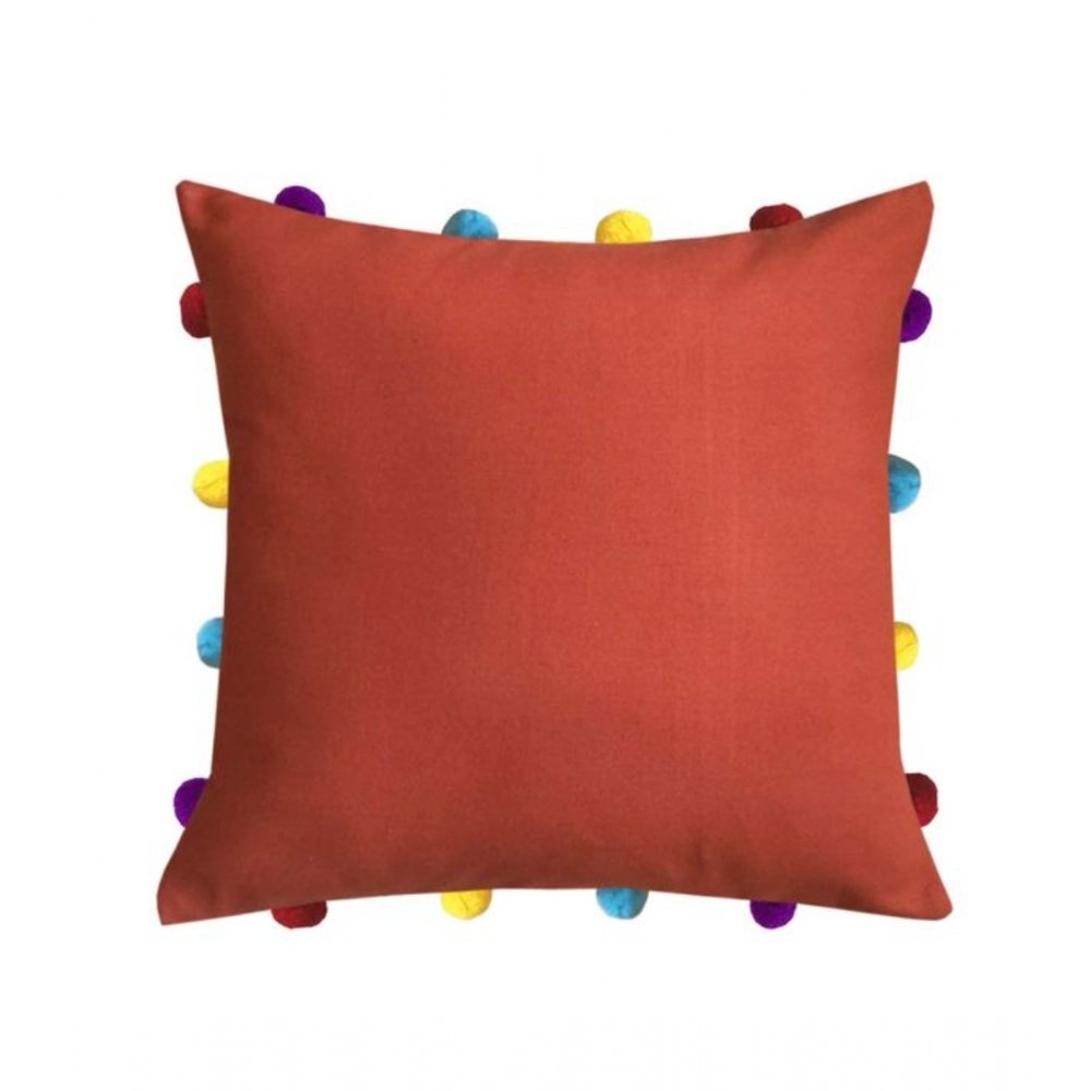 Cotton Solid Pom Pom Cushion Covers (Orange, Size: 14x14 In)