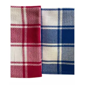 Pack Of_2 Cotton Checked  Bath Towels (Blue & Red, Size: 28x59 In)