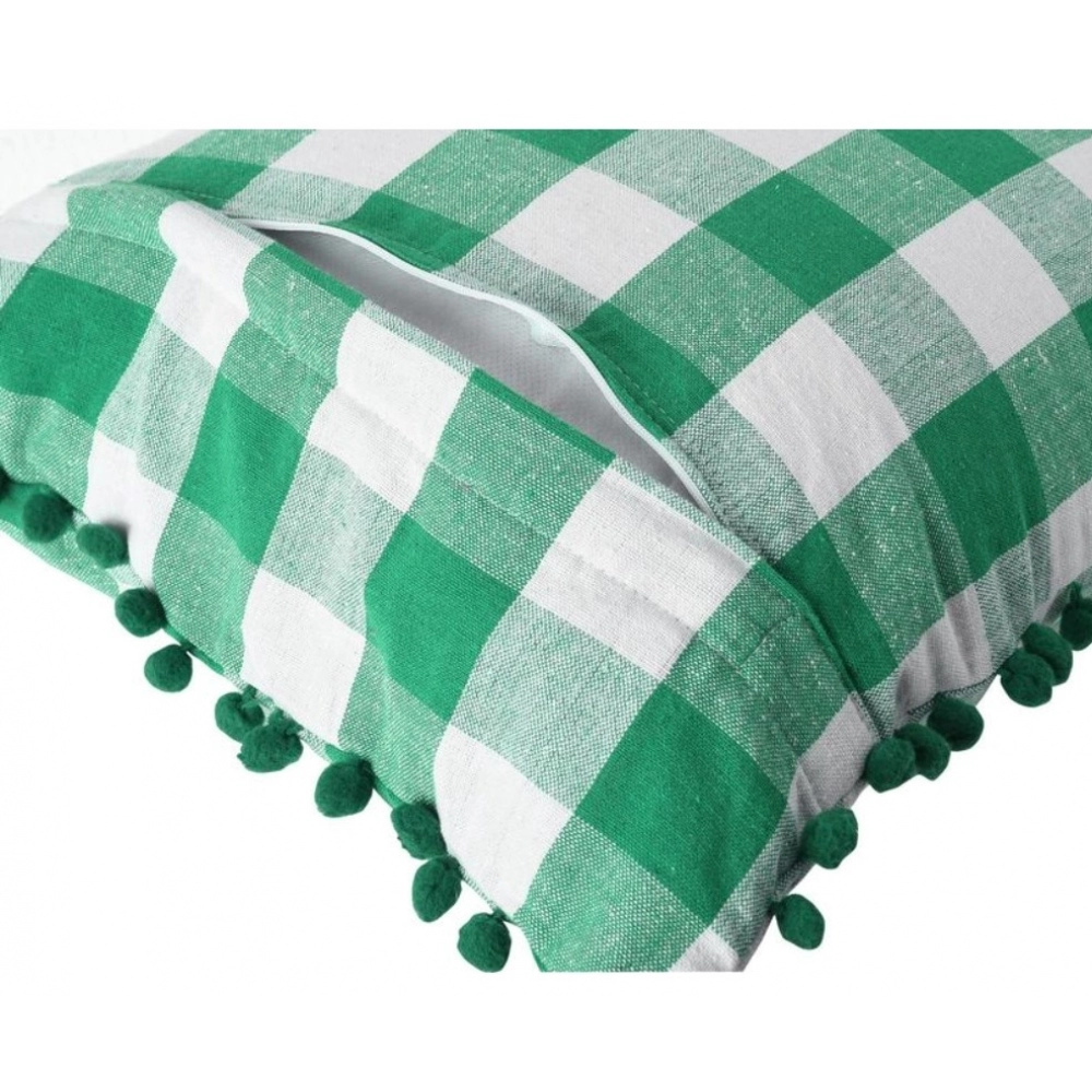 Pack Of_2 Cotton Checkered Cushion Cover With Pom Pom (Green, Size: 12x20 In) - Image 2
