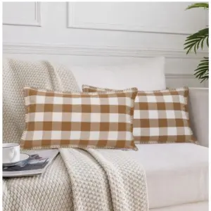Pack Of_2 Cotton Checkered Cushion Cover With Blanket Stitch (Beige, Size: 12x20 In)