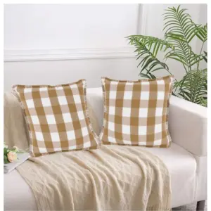 Pack Of_2 Cotton Checkered Cushion Cover With Blanket Stitch (Beige, Size: 24x24 In)