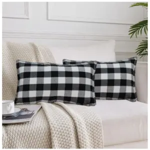 Pack Of_2 Cotton Checkered Cushion Cover With Blanket Stitch (Black, Size: 12x20 In)