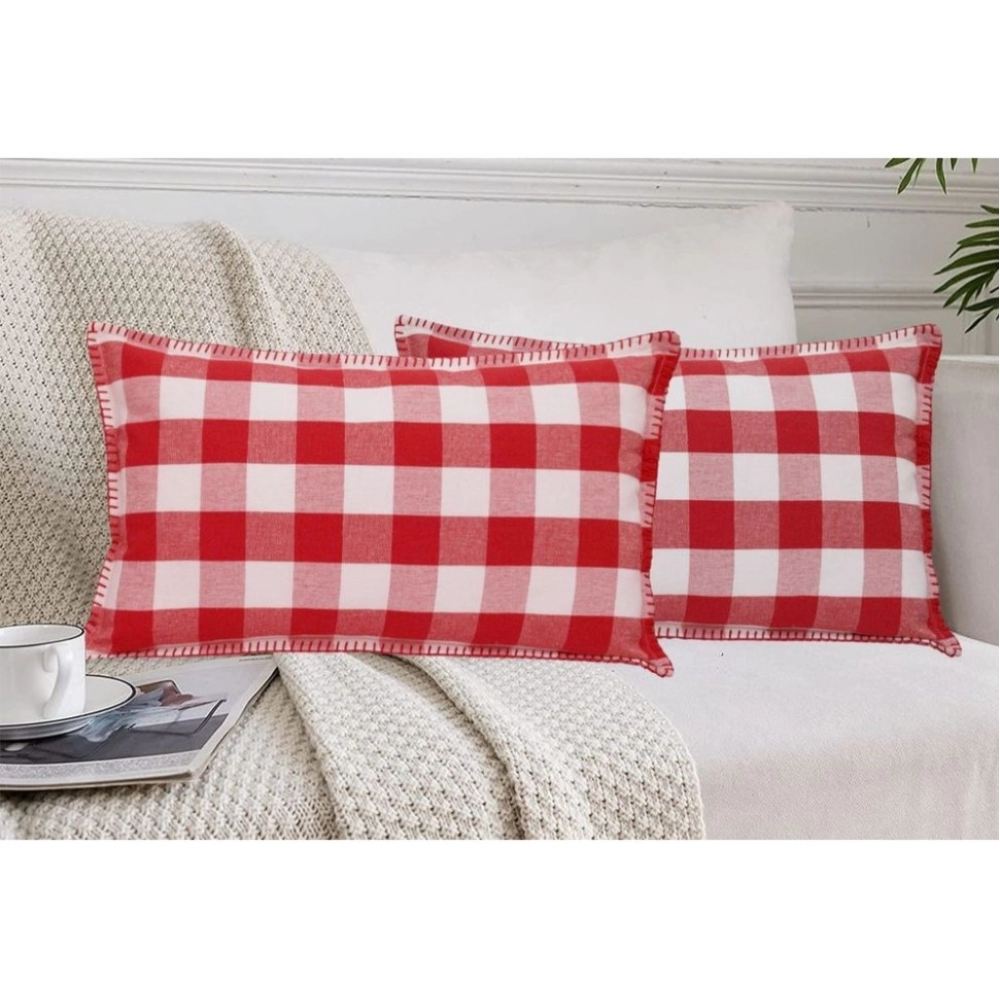 Pack Of_2 Cotton Checkered Cushion Cover With Blanket Stitch (Red & White, Size: 12x20 In) - Image 4