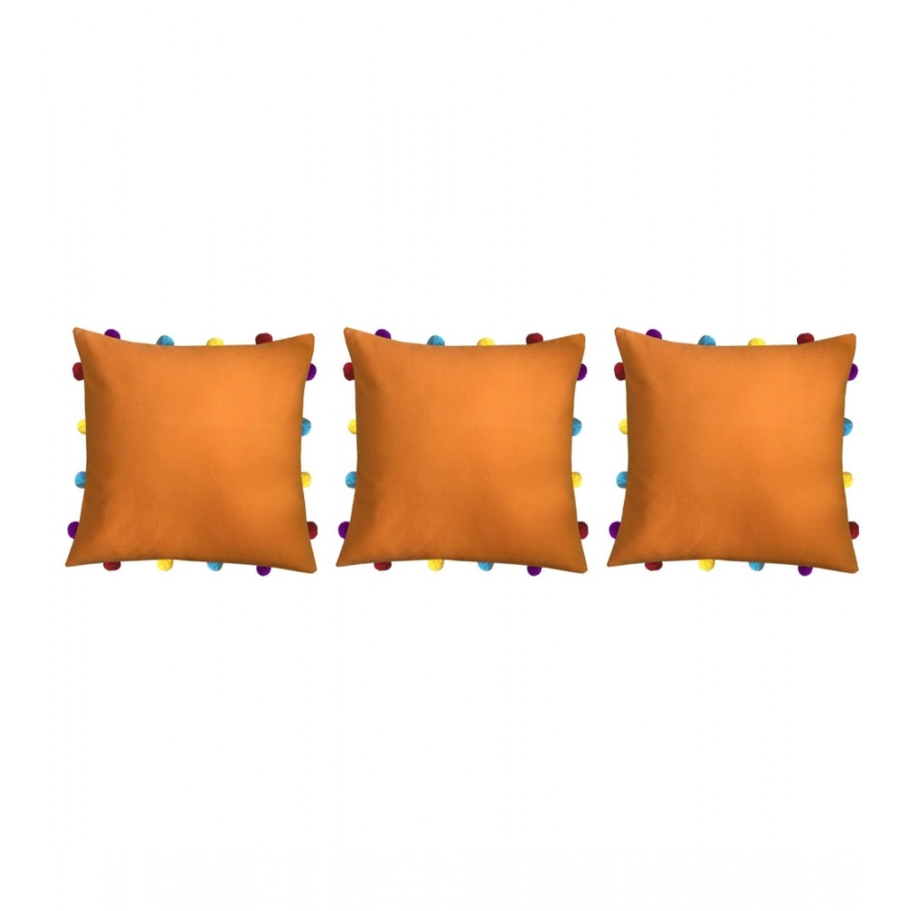 Cotton Solid Pom Pom Cushion Covers (Orange, Size: 14x14 In) - Image 3
