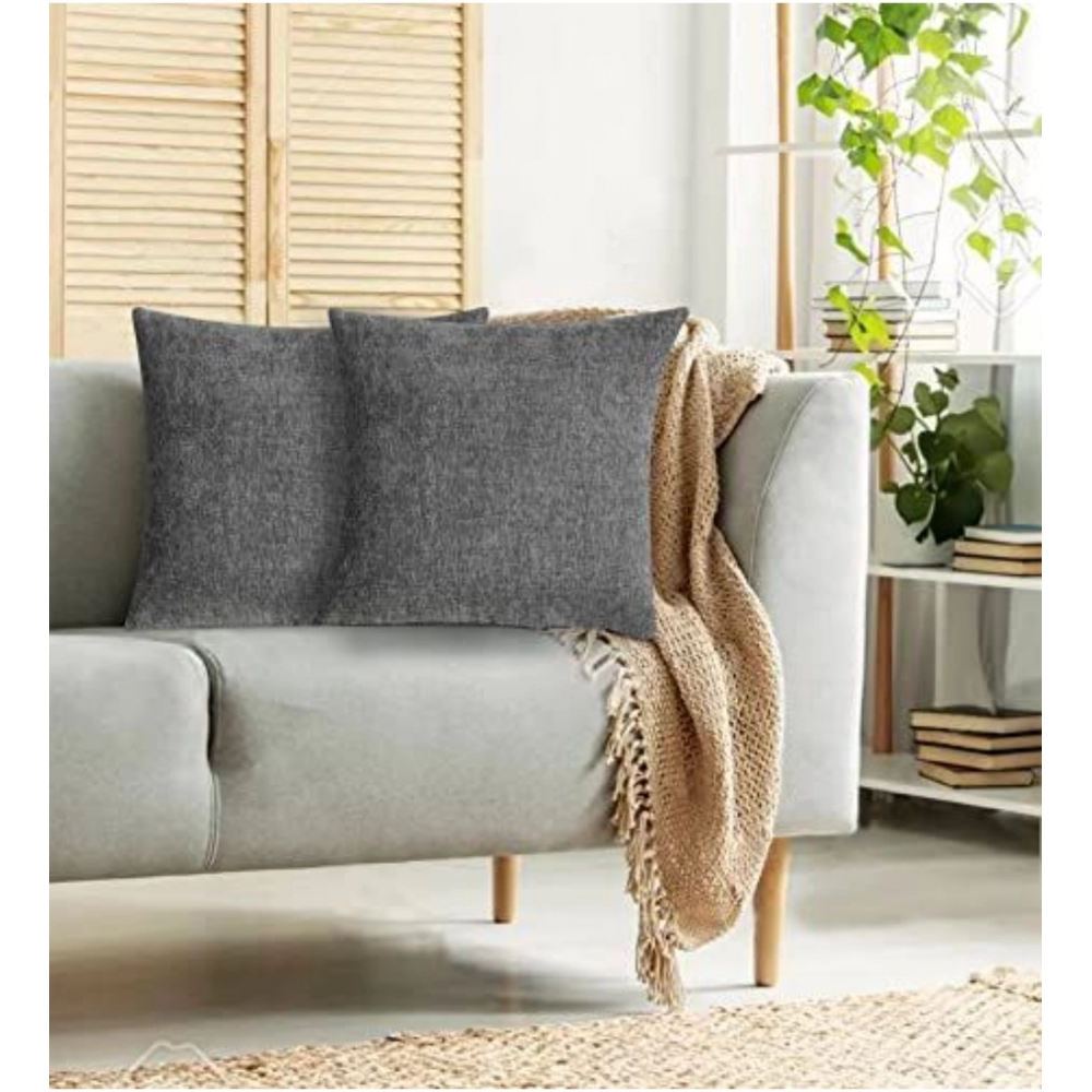 Pack Of_2 Chenille Checkered Cushion Covers (Grey, Size: 16x16 In) - Image 3