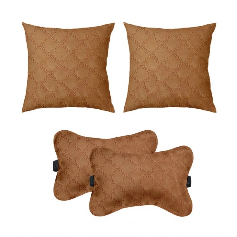 Pack Of_4 Polyester Printed Car Pillow Sets (Brown, Size: 12x12 In)