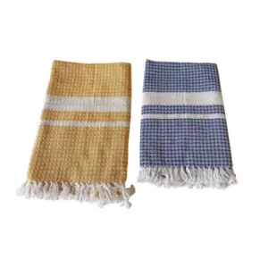 Pack Of_2 Cotton Checked  Bath Towels (Blue & Yellow, Size: 28x59 In)