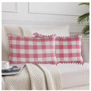 Pack Of_2 Cotton Checkered Cushion Cover With Pom Pom (Baby Pink, Size: 12x20 In)