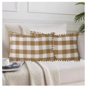 Pack Of_2 Cotton Checkered Cushion Cover With Pom Pom (Beige, Size: 12x20 In)