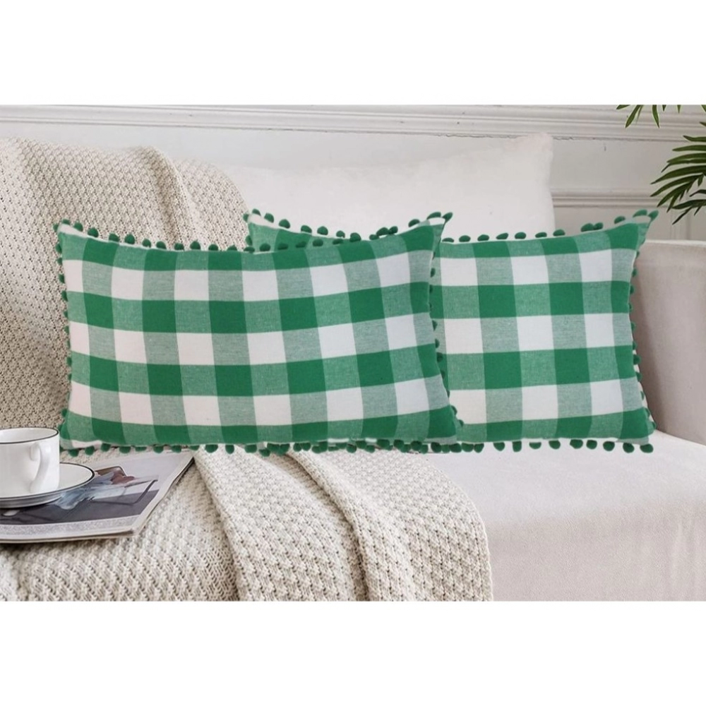 Pack Of_2 Cotton Checkered Cushion Cover With Pom Pom (Green, Size: 12x20 In)