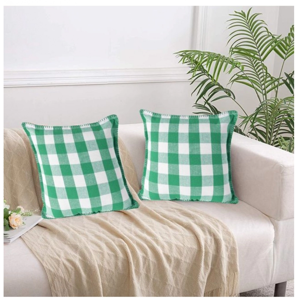 Pack Of_2 Cotton Checkered Cushion Cover With Blanket Stitch (Green, Size: 18x18 In) - Image 4