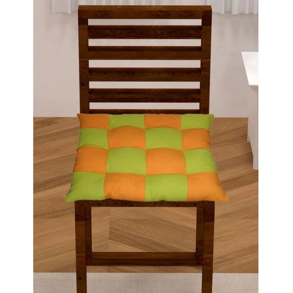 Cotton Blended Solid Chair Cushions (Green & Mustard, Size: 16x16 In)