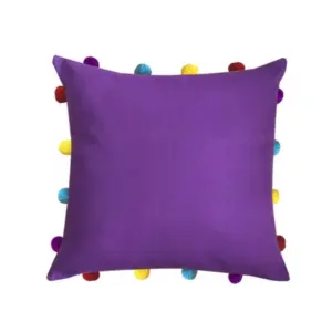 Cotton Solid Pom Pom Cushion Covers (Dark Purple, Size: 14x14 In)
