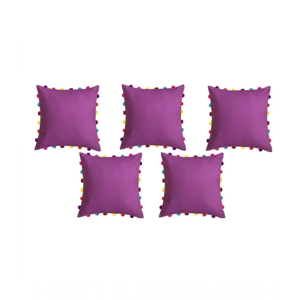 Cotton Solid Pom Pom Cushion Covers (Purple, Size: 18x18 In) - Image 2