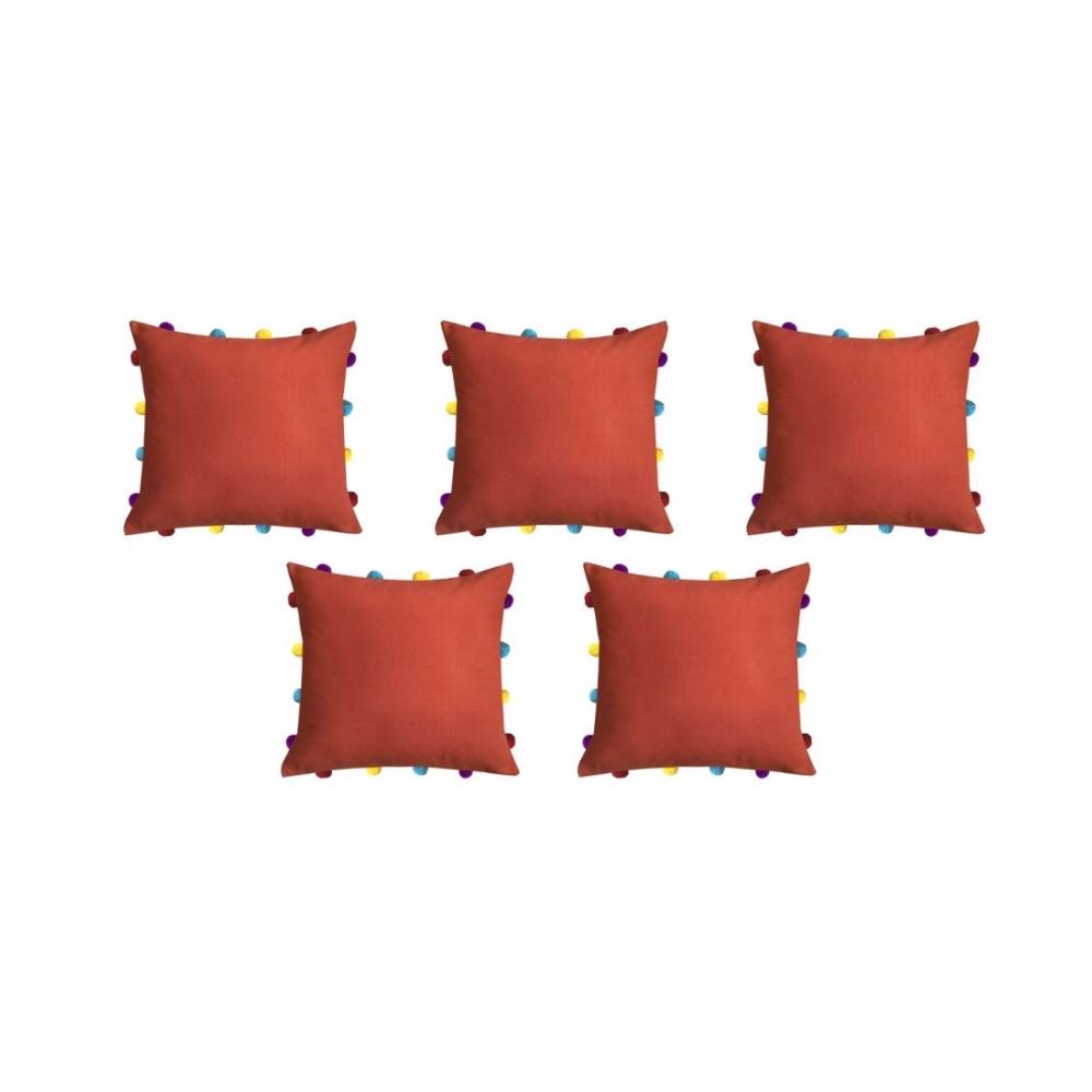 Cotton Solid Pom Pom Cushion Covers (Orange, Size: 14x14 In) - Image 2