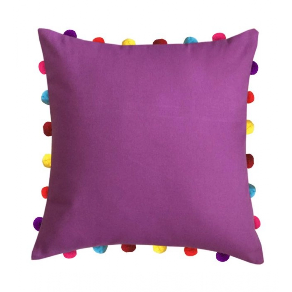 Cotton Solid Pom Pom Cushion Covers (Purple, Size: 18x18 In)