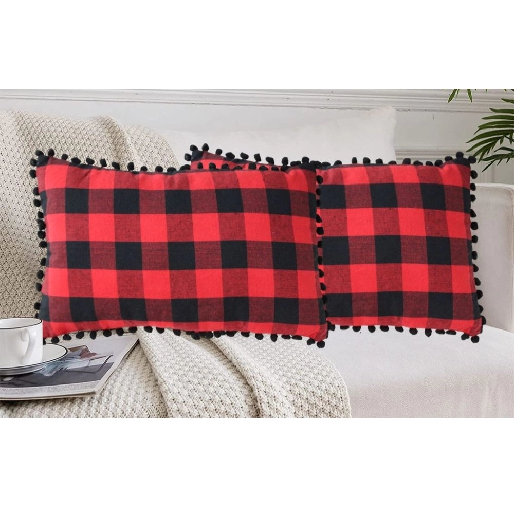 Pack Of_2 Cotton Checkered Cushion Cover With Pom Pom (Red & Black, Size: 12x20 In) - Image 4