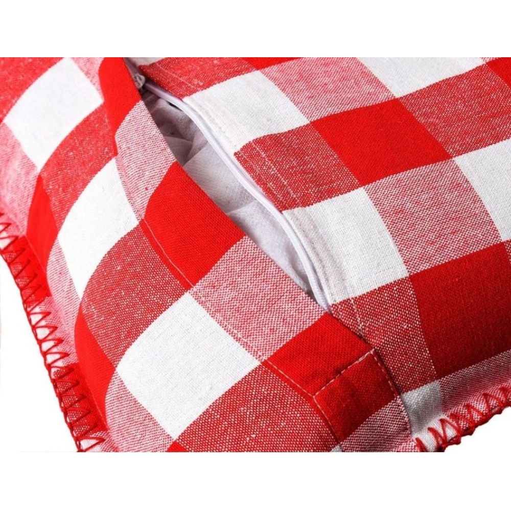 Pack Of_2 Cotton Checkered Cushion Cover With Blanket Stitch (Red & White, Size: 12x20 In) - Image 2