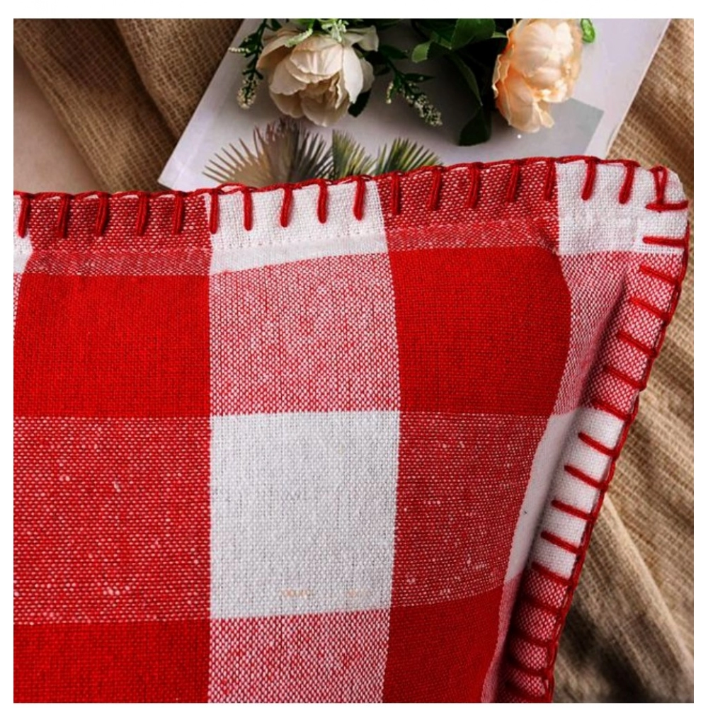 Pack Of_2 Cotton Checkered Cushion Cover With Blanket Stitch (Red & White, Size: 12x20 In) - Image 3