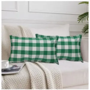 Pack Of_2 Cotton Checkered Cushion Cover With Blanket Stitch (Green, Size: 12x20 In)