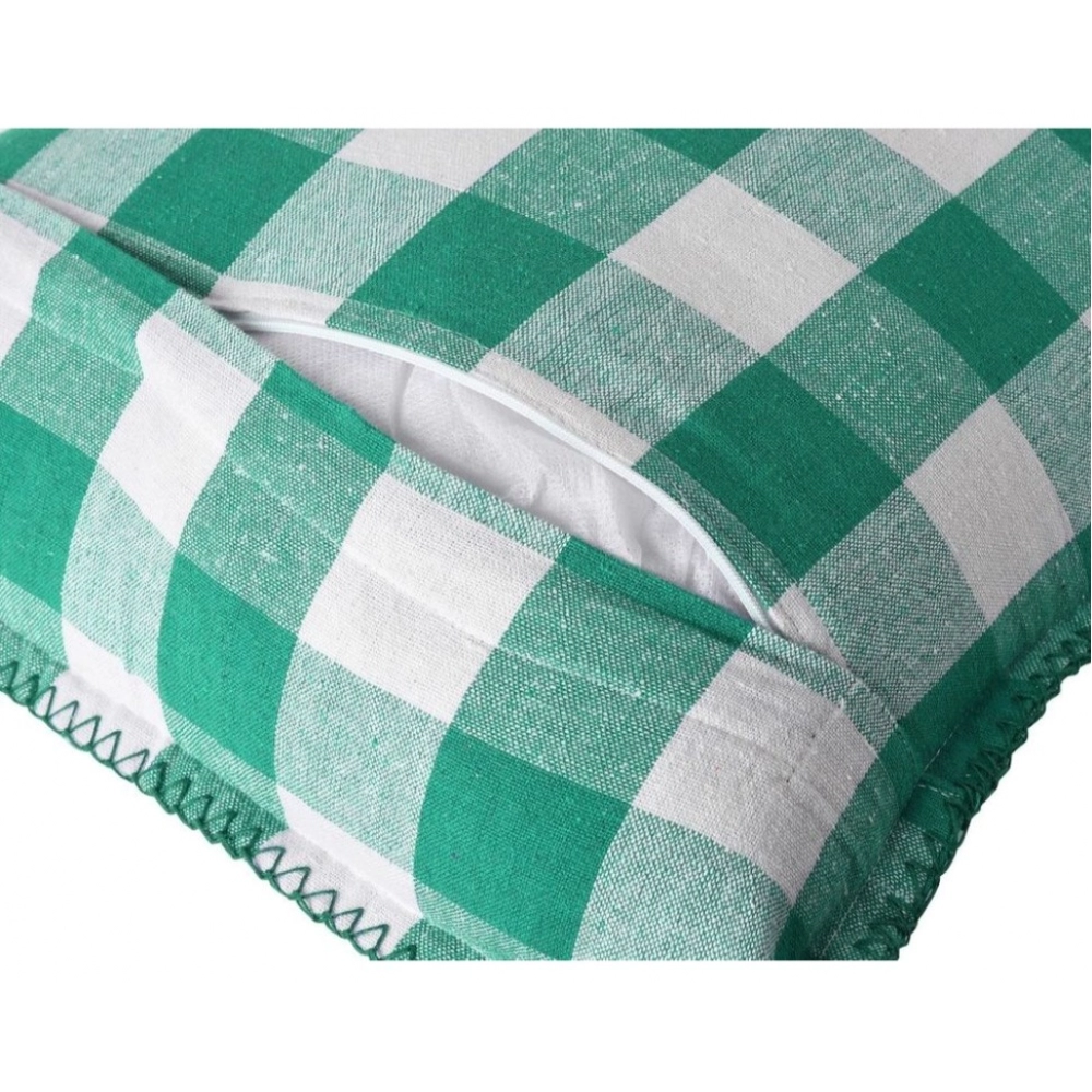 Pack Of_2 Cotton Checkered Cushion Cover With Blanket Stitch (Green, Size: 18x18 In) - Image 2