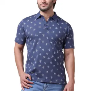 Men's Casual Cotton Printed Polo Neck Half Sleeve T-Shirt (Blue)