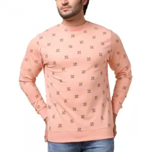 Men's Casual Cotton Printed Round Neck Full Sleeve Sweat T-Shirt (Peach)
