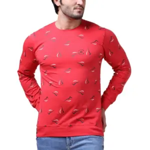 Men's Casual Cotton Printed Round Neck Full Sleeve T-Shirt (Red)