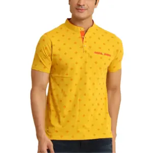 Men's Casual Cotton Printed Mandarin Collar Half Sleeve T-Shirt (Mustard)