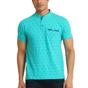 Men's Casual Cotton Printed Mandarin Collar Half Sleeve T-Shirt (Seagreen)
