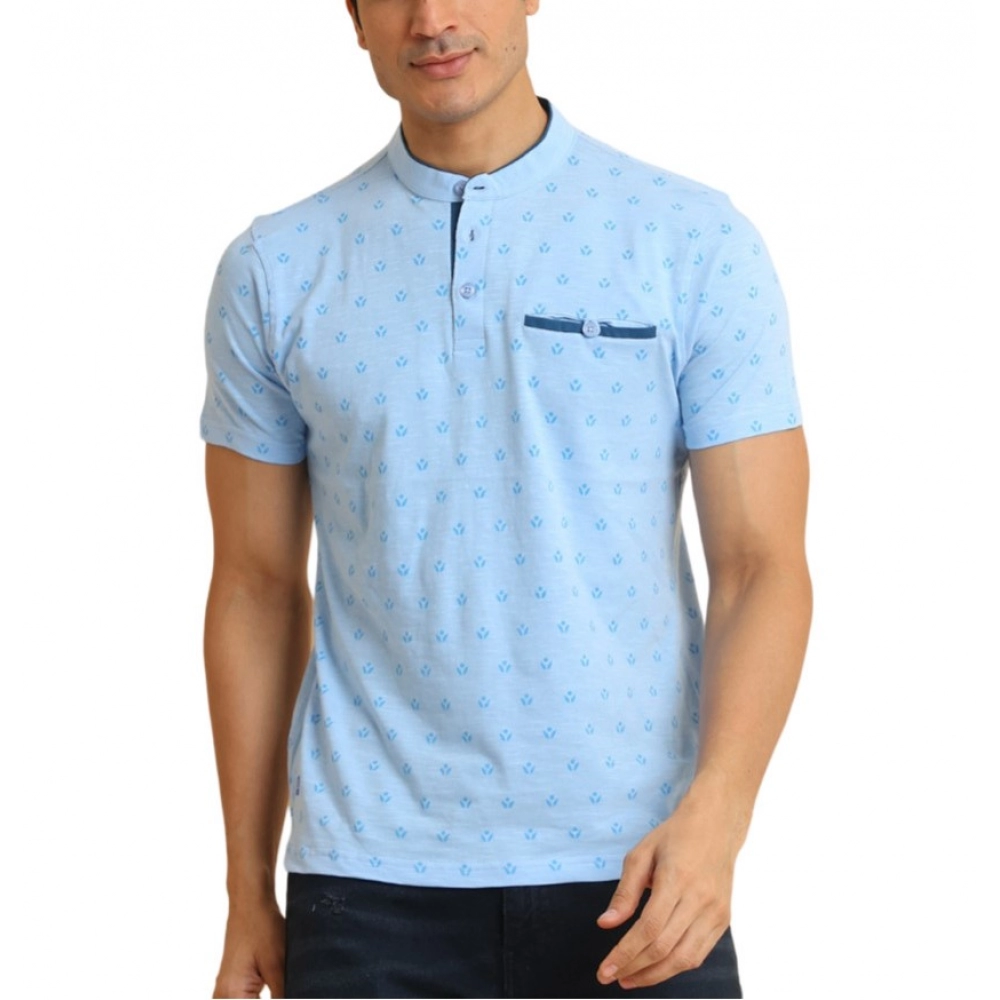 Men's Casual Cotton Printed Mandarin Collar Half Sleeve T-Shirt (Skyblue)