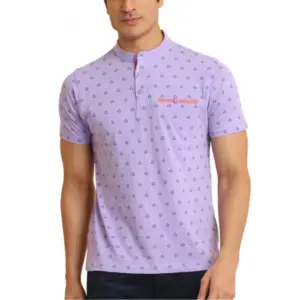 Men's Casual Cotton Printed Mandarin Collar Half Sleeve T-Shirt (Lavender)