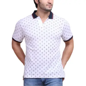Men's Casual Cotton Printed Polo Neck Half Sleeve T-Shirt (White)