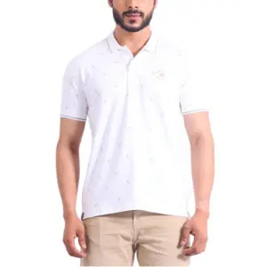 Men's Casual Cotton Printed Polo Neck Half Sleeve T-Shirt (White)