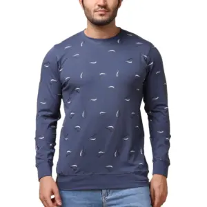 Men's Casual Cotton Printed Round Neck Full Sleeve T-Shirt (Blue)